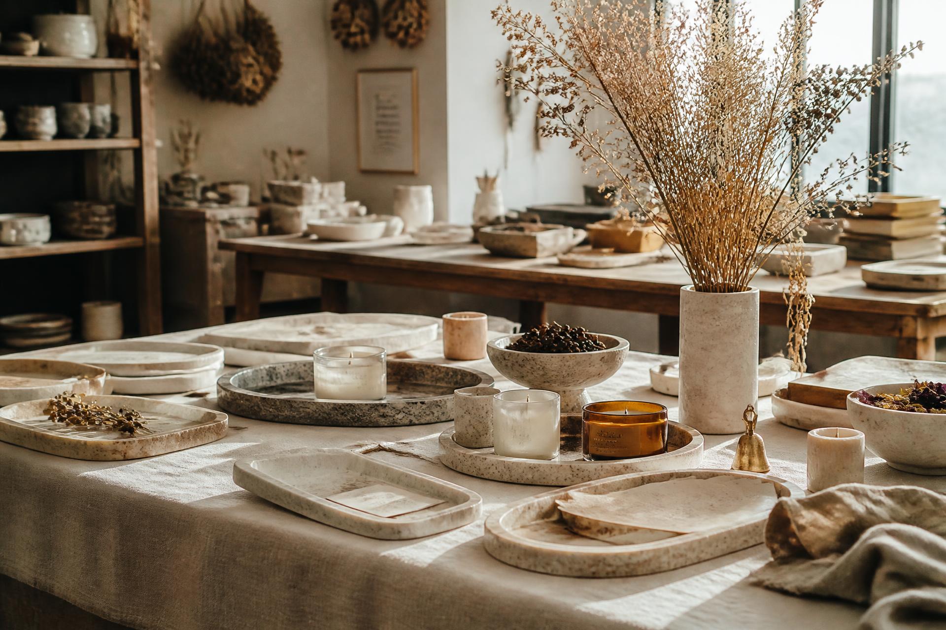 Mesa de trabajo del atelier con bandejas, velas y botánicos secos